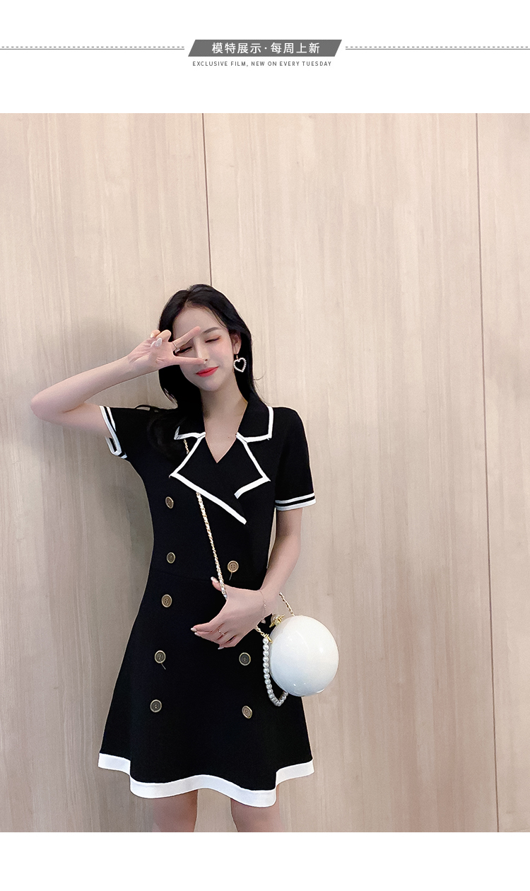 VK旗艦店 韓系雙排扣V領針織短袖洋裝