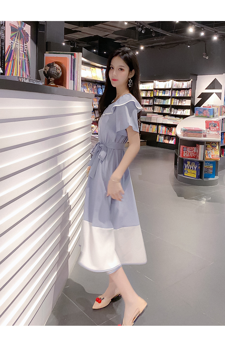 VK旗艦店 韓系撞色收腰顯瘦娃娃領淑女長版短袖洋裝