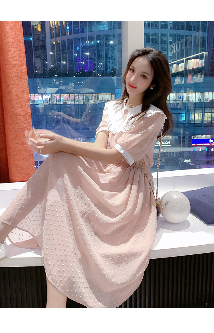 VK旗艦店 韓國風名媛娃娃領淑女雪紡長版短袖洋裝