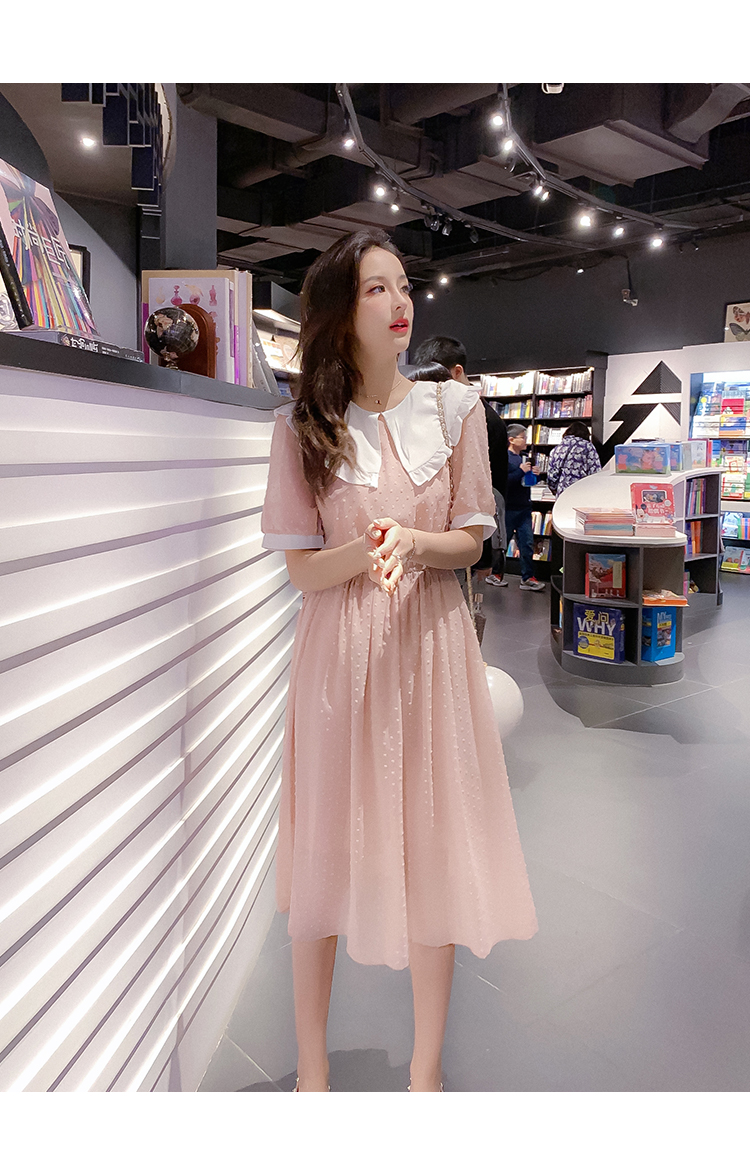 VK旗艦店 韓國風名媛娃娃領淑女雪紡長版短袖洋裝