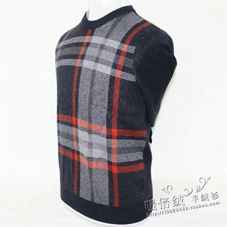 Mới đích thực Nội Mông nam cổ tròn áo thun kiểm tra in màu áo len cashmere dày trung niên và người già ấm áp kích thước lớn - Áo len Cashmere