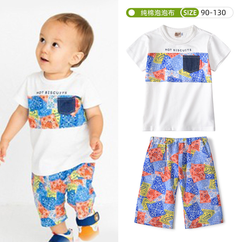 New MK boy and girl short sleeve shorts suit baby pure cotton bubble cloth half sleeve and pants day-to-day holiday wind children