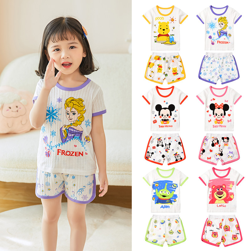 Summer male and female child pure cotton short sleeve suit baby jacquard with cotton short sleeve shorts Home Residence Cartoon 90-140