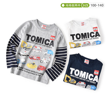 Spring autumn season new boy pure cotton long sleeve shirt male baby fake two long sleeves T-shirt sleeve cartoon locomotive pattern