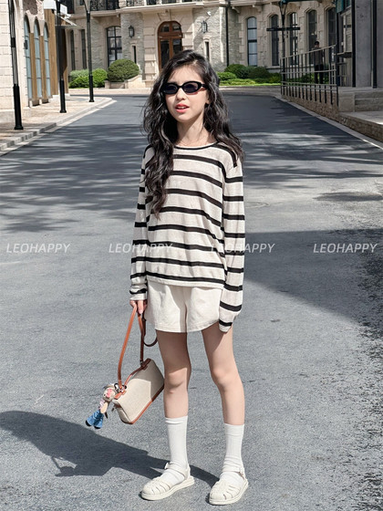 LEOHAPPY女童长袖t恤春夏款儿童防晒衫亚麻针织衫亲子莱赛尔上衣