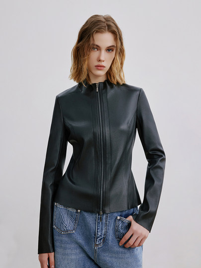 Yufeng Yoga Spanish imported lambskin anti-suede simple slim-fit stand-up collar leather short jacket