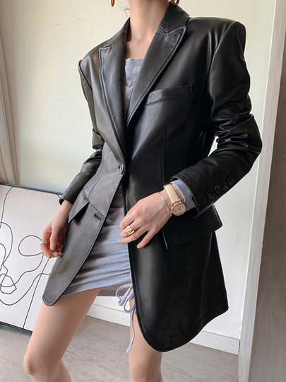 Rare waist-shaping shoulder pads Spanish semi-vegetated sheepskin suit for women Slim-fitting genuine leather jacket