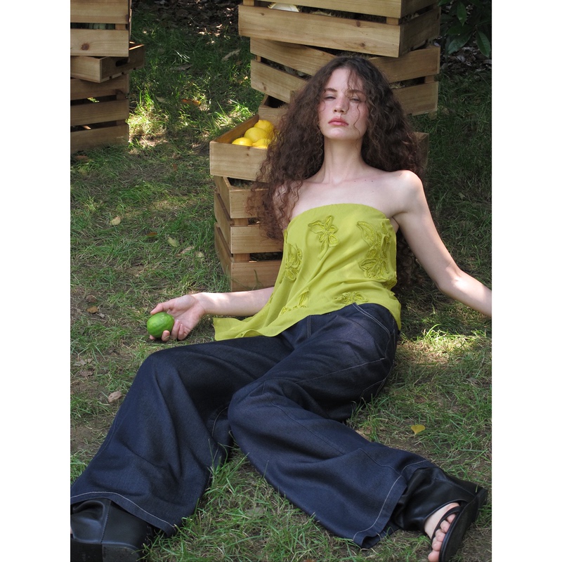 Cariedo "Twilight Forest Spirit" Three-Dimensional Floral Embroidered Chiffon Avocado Green Off-Shoulder/Tube Top That Makes You Look Fairer