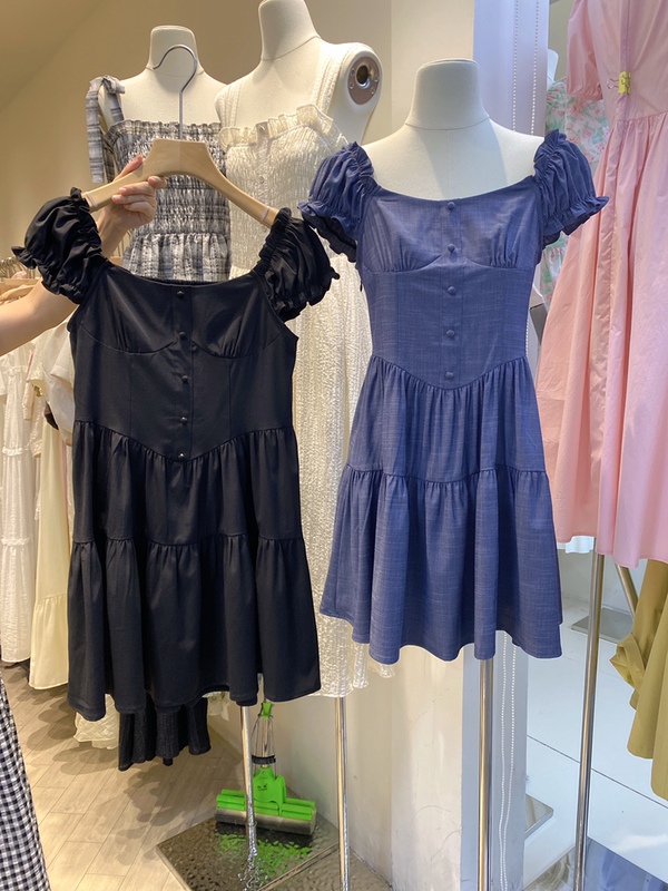 Lemontree French-Style Princess Retro Ruffle Sleeve Blue Dress Short-Sleeve Sweet Girl Dress