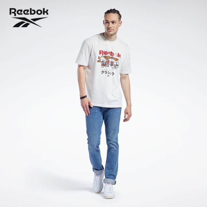 Reebok Men's Black and White Printed Cotton Breathable Indoor and Outdoor Training Crew Neck Fitness Short-Sleeve Sports T-Shirt, Oversized