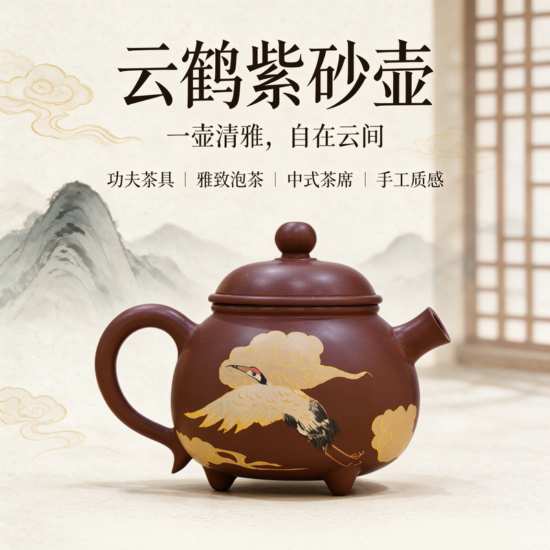 Jianshui Purple Pottery Yixing Purple Clay Teapot, Handmade from Original Ore, with Cloud Crane Pattern, Kung Fu Tea Set, Suitable for Home and Office Use