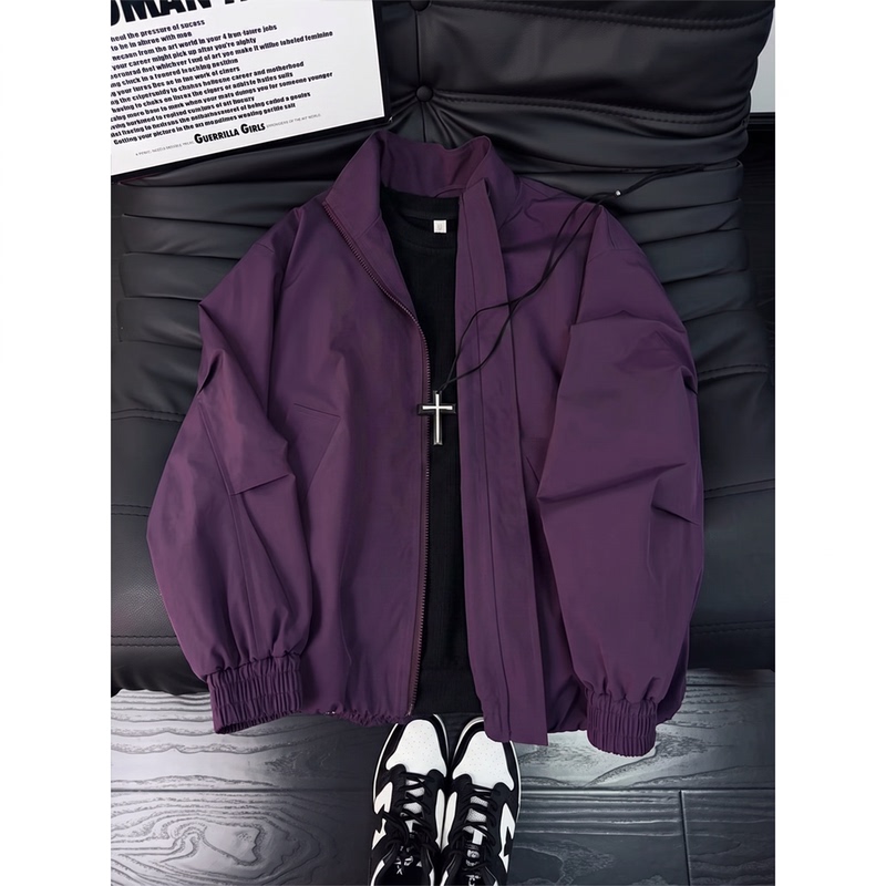 Purple Short Stand-Collar Flight Jacket for Men, Spring and Autumn Trendy Workwear Coat, Cleanfit American-Style Regular Shoulder Baseball Jacket Purple Short Stand-Collar Flight Jacket for Men, Spring and Autumn Trendy Workwear Coat, Cleanfit American-Style Regular Shoulder Baseball Jacket