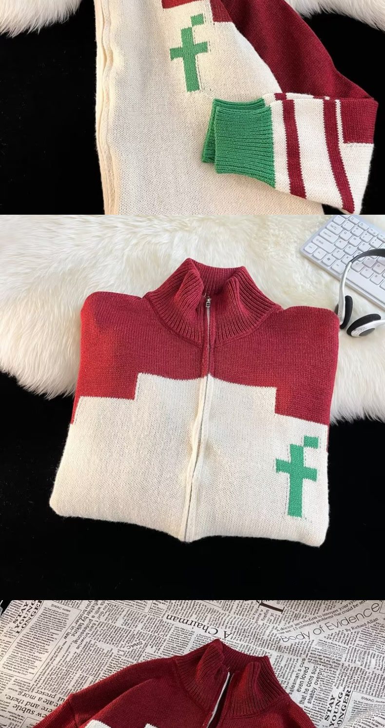 Women's Knitted Sweater Long Sleeve High Collar Colour Block_voghion.com
