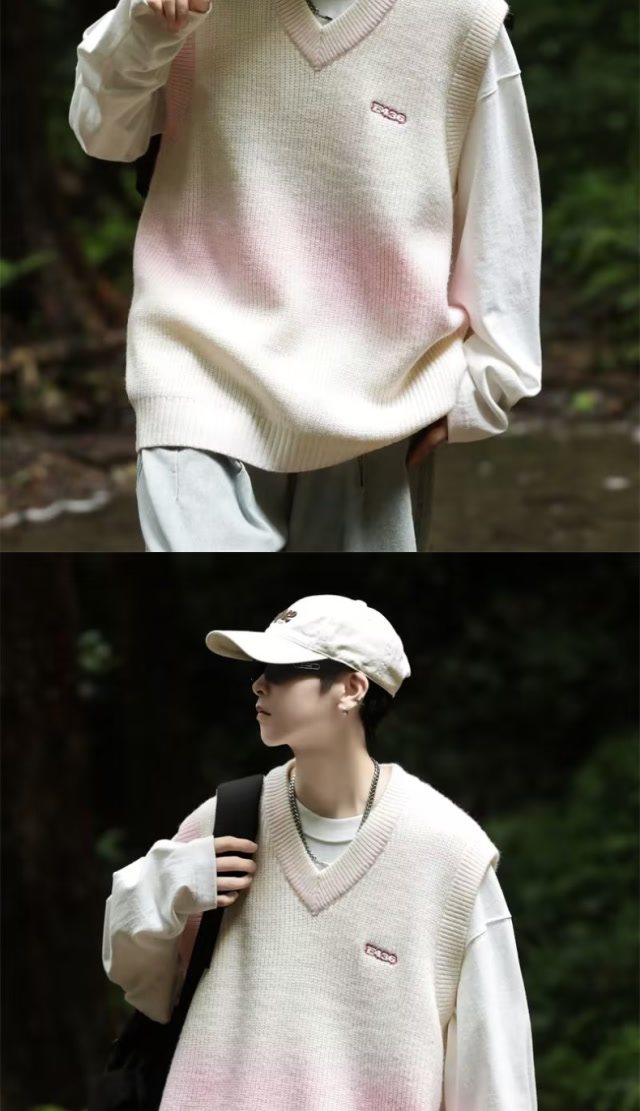 Gradient V-neck embroidered knitted pullover with vest sweater XZ307-MY2335-P55_voghion.com