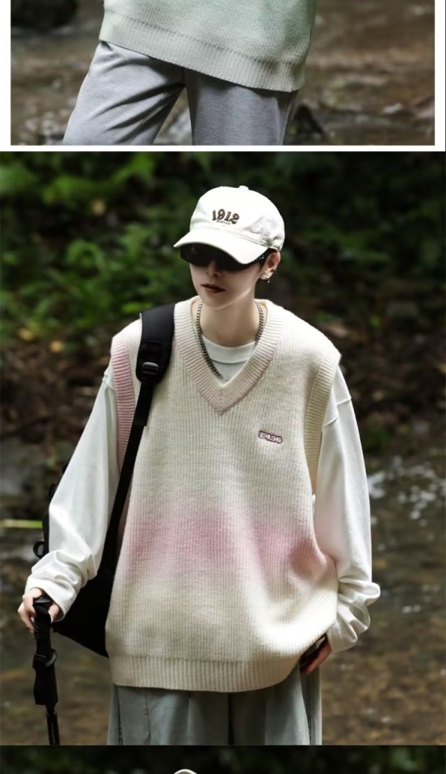 Gradient V-neck embroidered knitted pullover with vest sweater XZ307-MY2335-P55_voghion.com