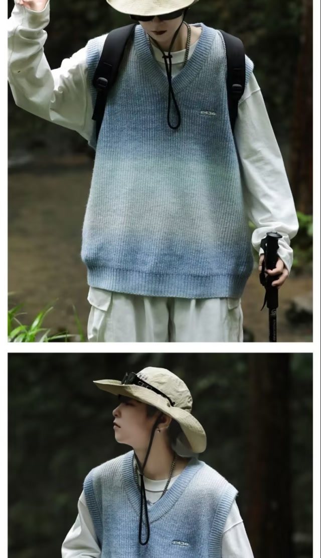 Gradient V-neck embroidered knitted pullover with vest sweater XZ307-MY2335-P55_voghion.com