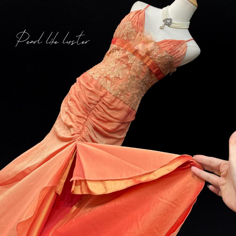 Foreign Trade Tail Single Orange Suspender Chiffon Dress Performance Host Art Test Dinner Cocktail Party Dress Stage Outfit Foreign Trade Tail Single Orange Suspender Chiffon Dress Performance Host Art Test Dinner Cocktail Party Dress Stage Outfit