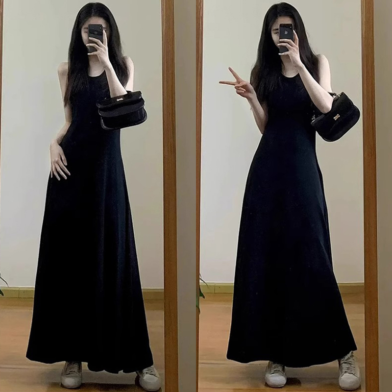 High-End Drapey Long Skirt for Women, Summer Casual Solid Color A-Line Dress, Long Ankle-Length Tank Top Dress