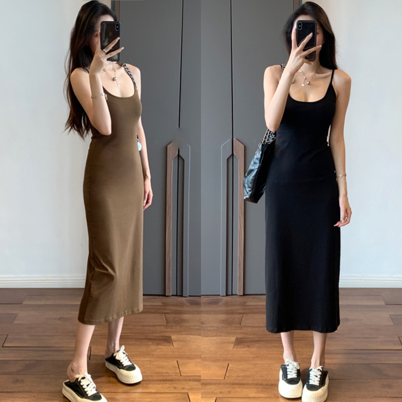 Pure Desire Low-Neck Ribbed Tank Top Long Dress for Women, Suitable for Spring, Summer, and Autumn, Slim Fit, Can Be Worn as Outerwear, Solid Color Long Slip Dress, Can Be Worn as an Inner Dress