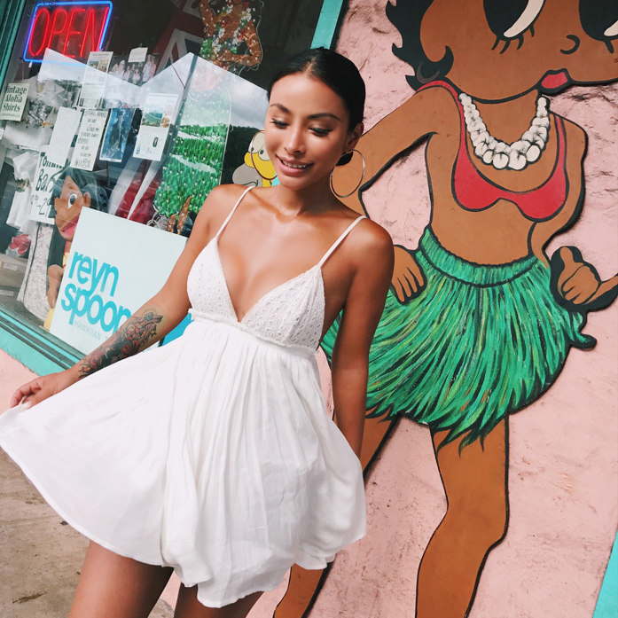 Original design Beach Vacation Style Sexy Fresh White Low Cut Jumpsuit Skirt Pants LMLKB-06