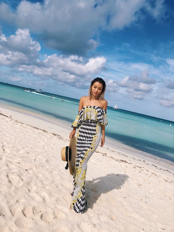 Kỳ nghỉ nhiệt đới Slim mỏng đường viền cổ áo off-vai đuôi cá váy maxi đầm đầm mạng lưới màu đen và trắng Baroque M-105 chân váy đuôi cá