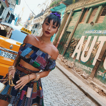 Cuba Havana national style vintage patchwork color off-the-shoulder shirt high waist short skirt M-114