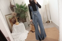 Hipster retro! Cà vạt eo cao! Mở quần ống loe! Quần jumpsuit denim quai dày B 3458 thời trang nữ