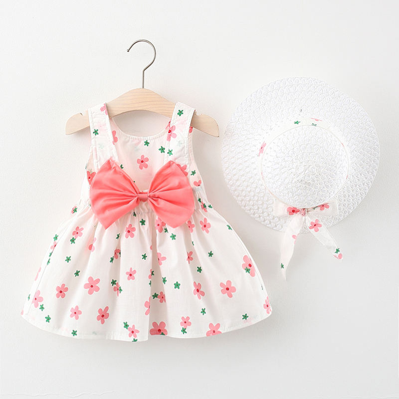 Pink Flower - Collect And Buy Free HatBaby girl summer wear Foreign style girl Dress One year old baby Floral skirt pure cotton clothes children skirt Princess Dress
