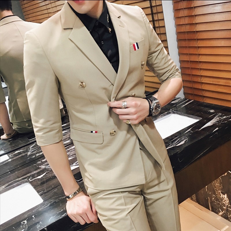 韩版双排扣七分袖职业西装三件套夜店发型师修身西服套装男九分裤