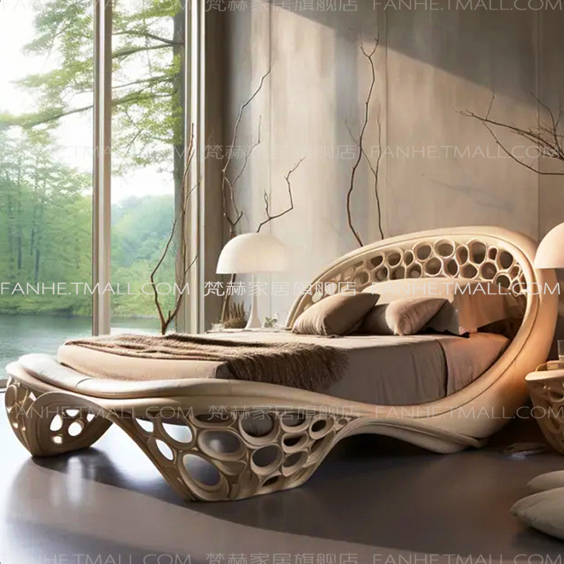 2026 Trendy Creative New Bed Honeycomb Solid Wood Large Bed High-End Cream Style Double Bed Master Bedroom