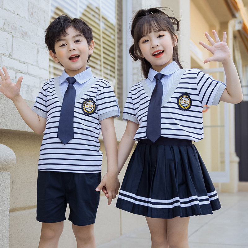 Elementary school uniforms, kindergarten uniforms, summer suits, graduation class uniforms, children's day performance clothing, white striped clothing