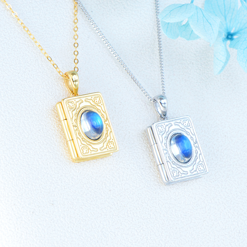 Blue Moonstone Sterling Silver Pendant Women's Clavicle Chain Photo Frame Open Photo Book Necklace Couple Pendant for Girlfriend