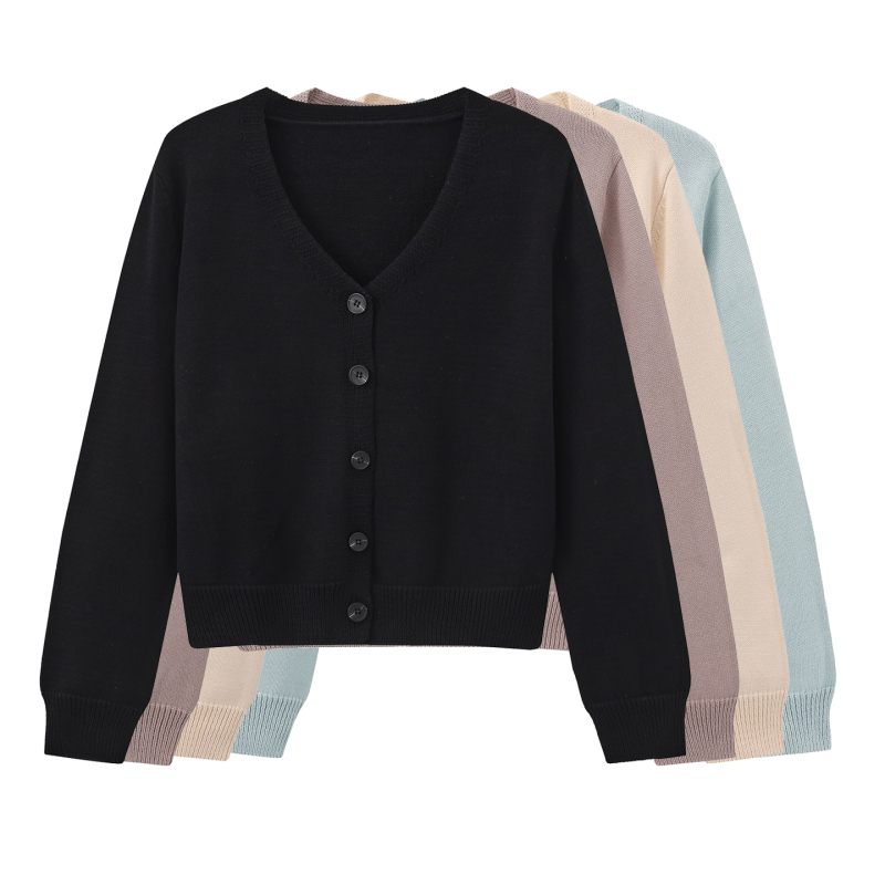 100% Pure Cotton Black V Neck Knitted Cardigan for Women, Autum Loose-Fitting Sweater Jacket, Long-Sleeved Cotton Outer Top