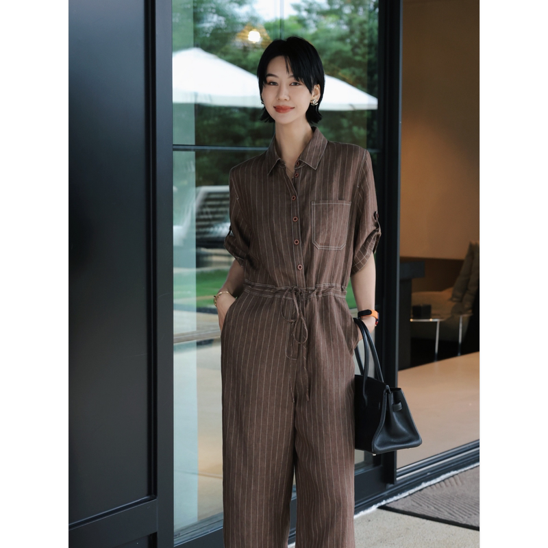 Tt Designer [Autumn Story Continues] French Retro Linen Striped Jumpsuit for Women, Summer Shirt Collar Jumpsuit
