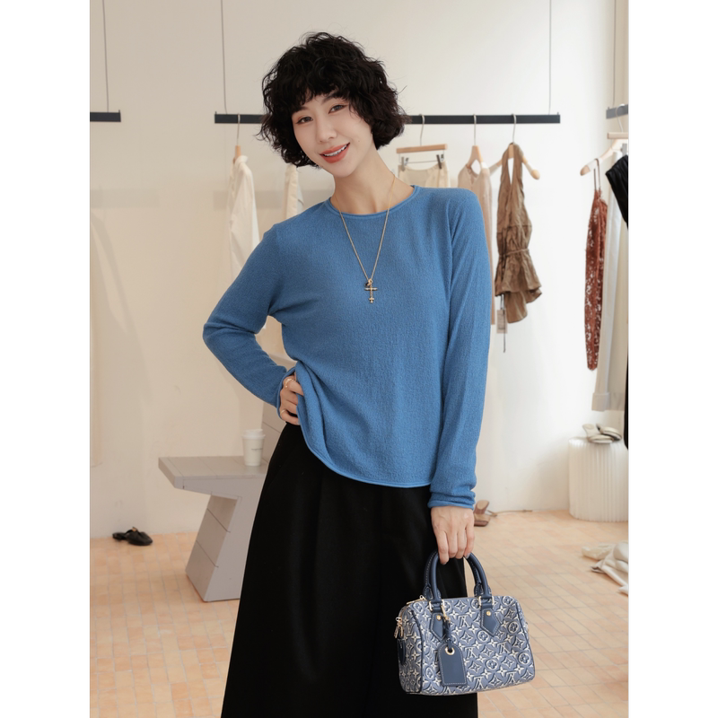 Tt Designer [a Touch of Landscape] Textured Rolled Edge Crew Neck Merino Wool Knit Sweater for Women, Autumn Matte Finish Top