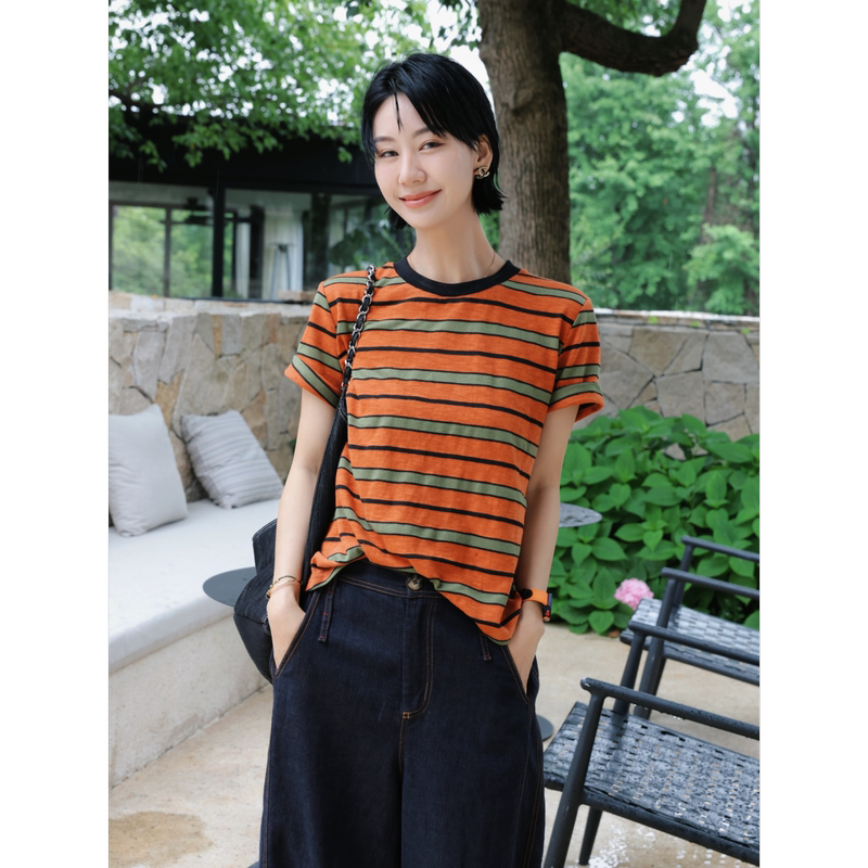 Tt Designer [Striped t] Soft, Breathable, Slightly Stretchy, Color-Block Striped Short-Sleeve T-Shirt for Women, Summer Refreshing Slimming Top