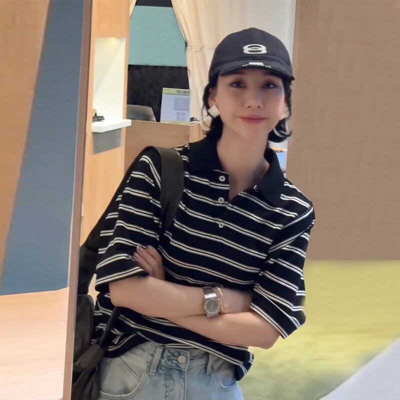 Tt Designer [Piano Keys] Black and White Contrast Stripe Polo Collar T-Shirt for Women, Summer, Age-Reducing, Plus Size, Slimming Top