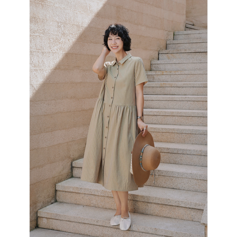Tt Designer [Weekend Diary] Skin-Friendly and Breathable Cotton-Linen Dress for Women, Summer Color-Woven Vertical Striped Shirt Dress