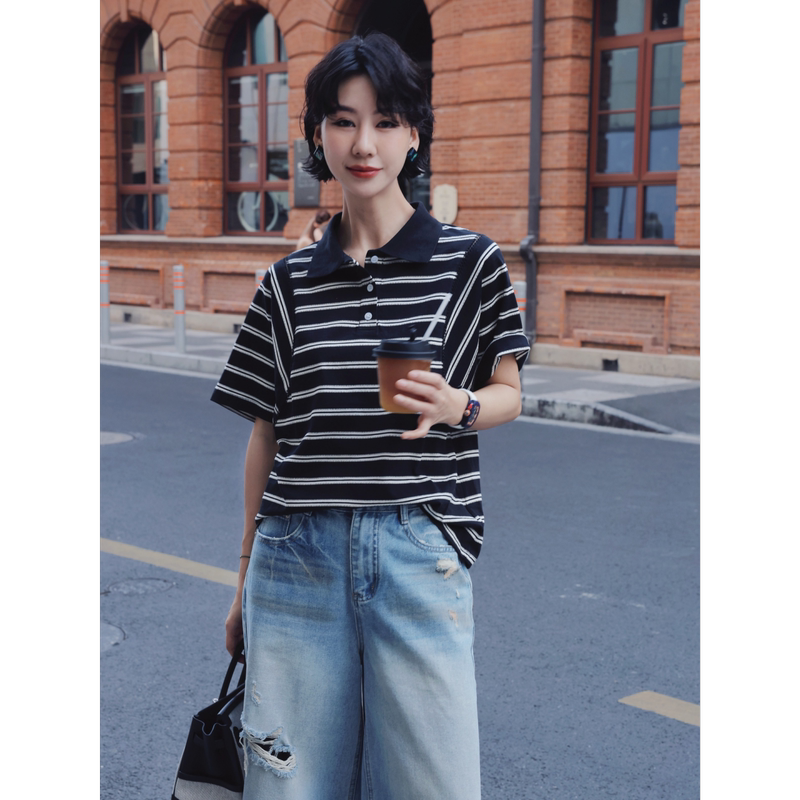 Tt Designer [Piano Keys] Black and White Contrast Stripe Polo Collar T-Shirt for Women, Summer, Age-Reducing, Plus Size, Slimming Top