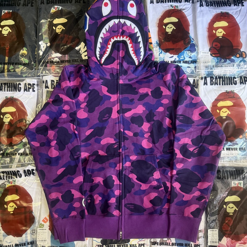 Bape Unisex Purple Camouflage Shark Zip-Up Hoodie Jacket Bape Unisex Purple Camouflage Shark Zip-Up Hoodie Jacket
