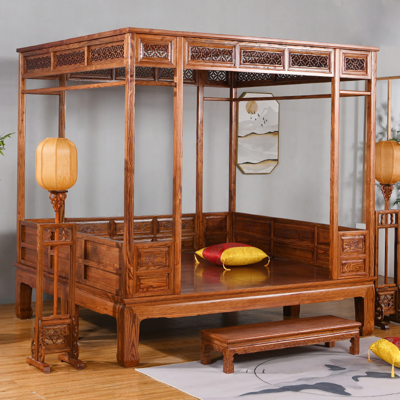 All solid wood stepping bed mahogany classical antique South Elm Moon Cave double thousand work pulling bed new Chinese style shelf bed