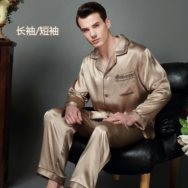 High-End Silk Pajamas, Home Wear, Mulberry Silk Men's Silk Short-Sleeved Summer Spring and Autumn Long-Sleeved Suit, Ice Silk Satin