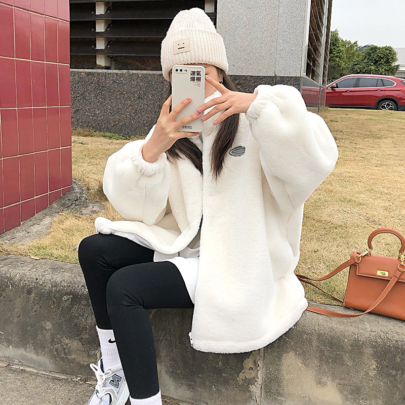 Lamb plush jacket women's autumn and winter 2022 new style plus velvet thick stand collar imitation mink furry motorcycle suit women