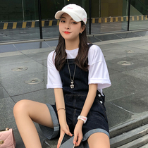 Black Denim Strap Shorts Womens 2021 Summer New Korean Loose Wide Leg Leg Joker Slim ins