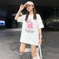 Summer short sleeve T-shirt female 2021 New loose heavy industry nail bead unicorn design sense niche long top t
