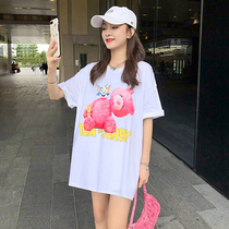Short sleeve T-shirt female summer 2021 New loose print pink bear letter round neck half sleeve top casual versatile