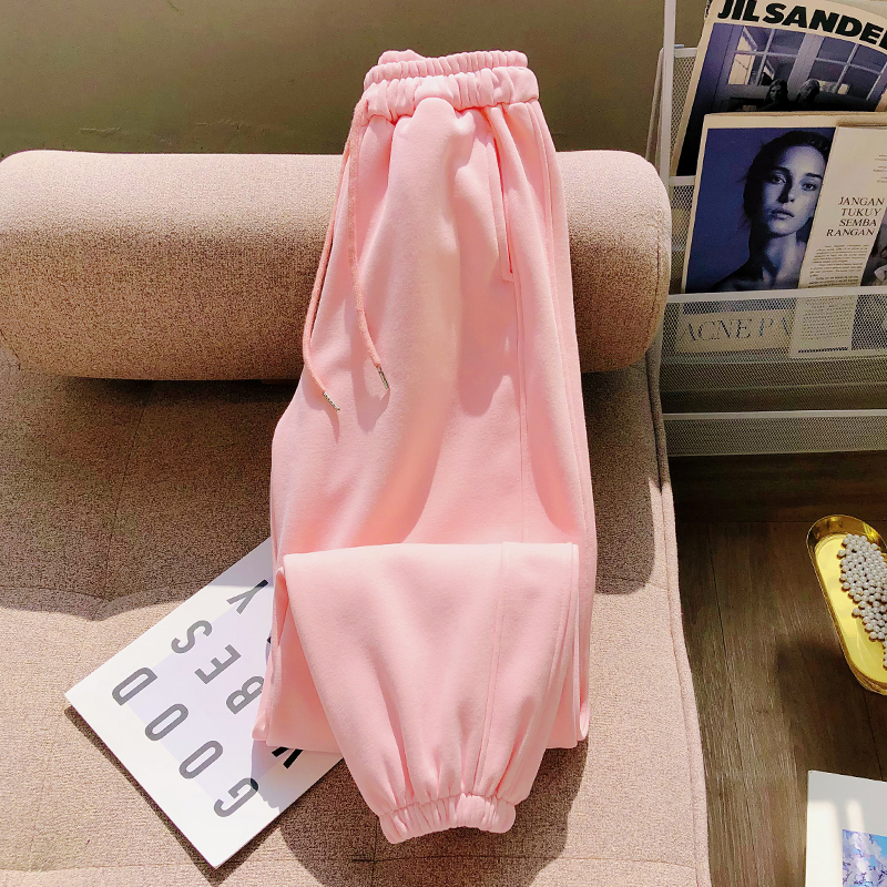 Casual Style Petite Women's Sweatpants for Autumn and Winter, Fleece-Lined 2026 New Pink Jogger Pants, Korean Style Slimming Pants