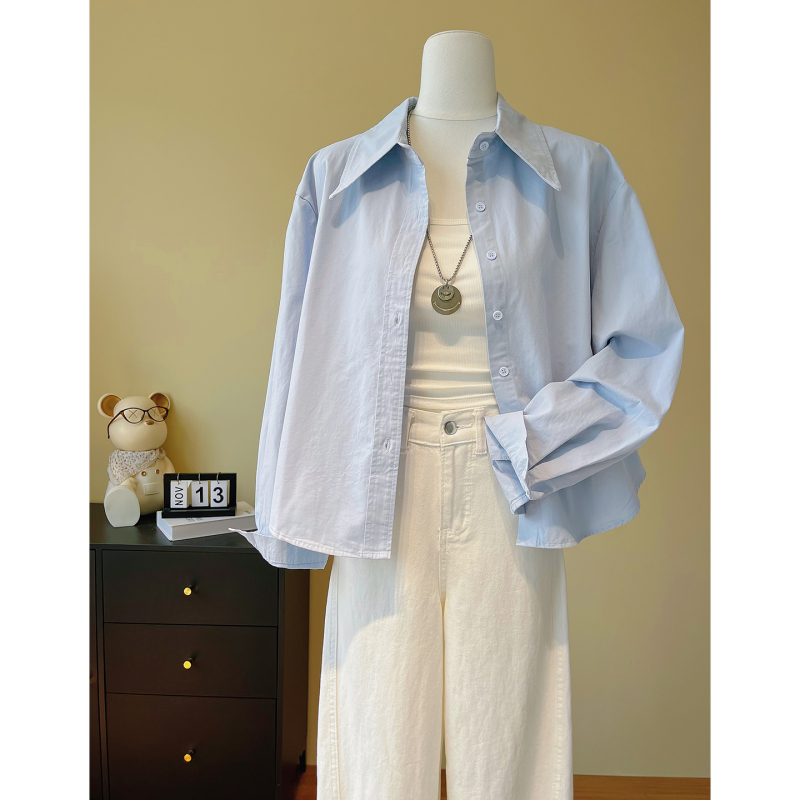 Blue Simple Casual Solid Color Shirt Jacket for Women 2026 Early Autumn New Loose Fit Petite Pure Cotton Fashion Shirt Blue Simple Casual Solid Color Shirt Jacket for Women 2026 Early Autumn New Loose Fit Petite Pure Cotton Fashion Shirt