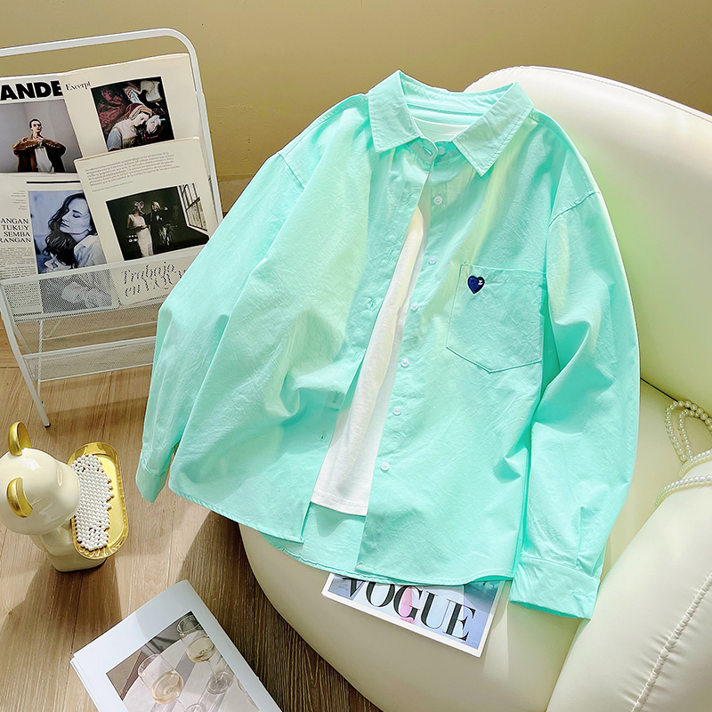 Lake Green Fresh Style Pure Cotton Long-Sleeved Shirt for Women, Spring and Autumn 2026 New Model, High-End Feel with Small Heart Embroidery Shirt