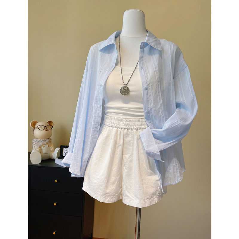 Lazy Style Sky Blue Casual Loose Sun Protection Shirt for Women 2026 Spring and Summer Versatile Commuting Striped Fashion Shirt Trend
